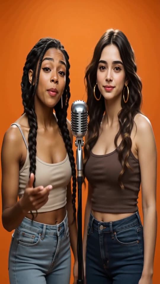 Two friends rapping together at one microphone in the orange Hotel Lobby booth, made with AI Rap Video